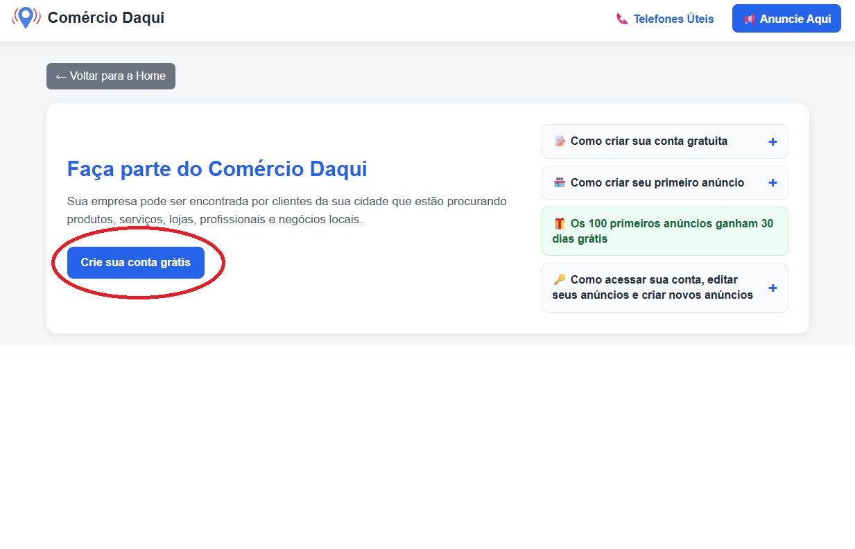 Botão Crie sua conta grátis destacado